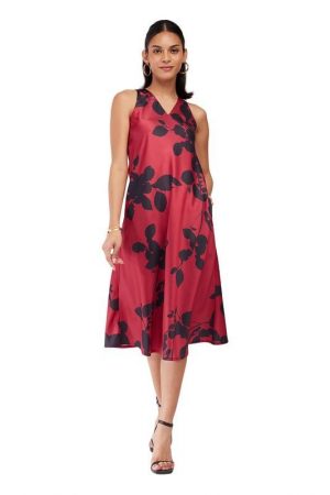 Fable Street Women Satin Floral Dress - Maroon|Perfect for Casual, Office, and Everyday Outfits