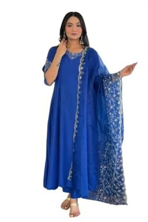 Naixa Women's Viscose Silk Embroidered Flared Kurta with Pant and Dupatta Sets (NX-641)