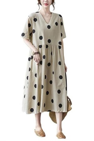 Polka Dot Dress for Women Street Fashion Loose Panels Cotton Linen V-Neck Short Sleeve Dress Photo Colour M, Photo colour, M