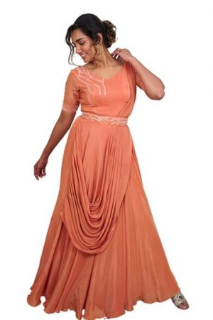 Avy's Label Cotton Crepe Jumpsuit Premium Rust Orange Crepe Jumpsuit with Pre Draped Georgette Dupatta and Maggam Work Belt_ (Rust Orange, 36)