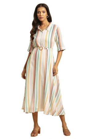 W for Woman Women's Flared Below The Knee Dress with Belt Stripe Print
