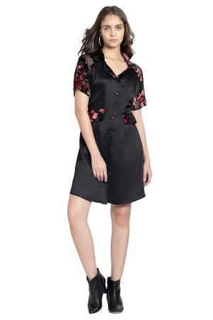 SHAYE Notch Lapel Collar Black Printed Short Sleeves Party Shirt Dress for Women