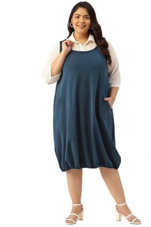 theRebelinme Plus Size Women's 5005DCINKBLUE Solid Color Shirt Collar Balloon Dress