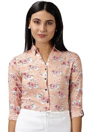 SHOWOFF Women's Spread Collar Printed Three-Quarter Sleeves Peach Shirt