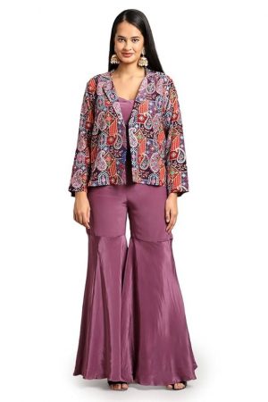 Anytime Couture 3-Piece Ethnic Set, Multicolour Paisley Print Jacket with Purple Crop Top and Flared Trousers