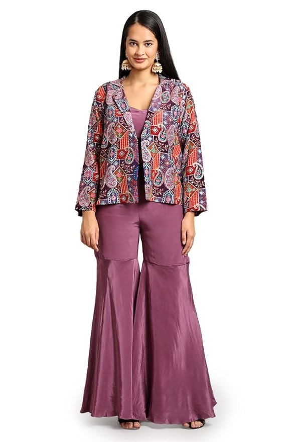 Anytime Couture 3-Piece Ethnic Set, Multicolour Paisley Print Jacket with Purple Crop Top and Flared Trousers
