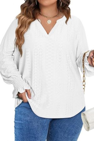 Eytino Plus Size Tops for Women Split V Neck Puff Long Sleeve Summer Loose Blouse Shirts(1X-5X)