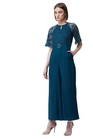 Miss Chase Women's Round Neck Flared Sleeve Floral Raglan Regular Jumpsuit with Pockets