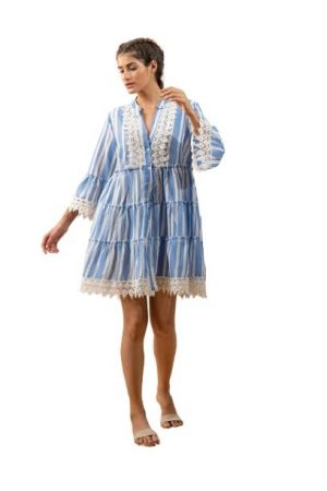 LABEL REYYA Midi Dress for Women V Neck Tiered Stripped Dress Flared Sleeve A Line Blue Strip Shirt Relaxed Fit Casual Dress for Girls