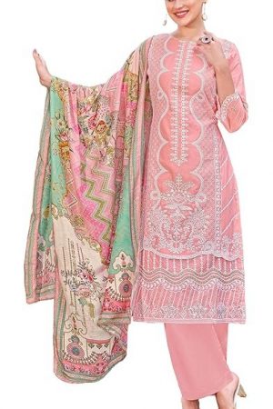 DRAVINAM Trends Women's Exquisite Unstitched Viscose Cambric Lawn Cotton Suit Dress Material with Embroidered Daman & Sleeves | Stylish Pure Cotton Digital Print Dupatta & Solid Bottoms