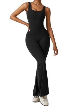 Cheekee Sleeveless Flare Jumpsuits with Sexy Backless Design, Flattering V-Waist Hip Pleat, and Breathable 4-Way Stretch Fabric (Black)