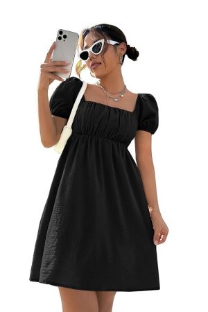 Shasmi Women's & Girl's Dress for Women l One Piece Dress for Women l Beach Dress for Women, Solid Textured Puff Sleeve Square Neck Midi Dress