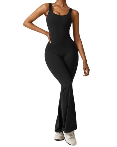 Cheekee Sleeveless Flare Jumpsuits with Sexy Backless Design, Flattering V-Waist Hip Pleat, and Breathable 4-Way Stretch Fabric (Black)