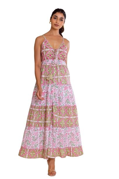 LABEL REYYA Women's Cotton Off White Foral Printed One Piece Dress Stylish Bohemian Sleeveless Handcrafted Maxi Dress for Girls