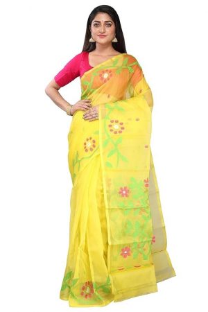 Ruprekha Fashion Women's Yellow Colour Pure Silk Jamdani Work Muslin Handloom Saree from Bengal
