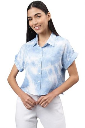 Latin Quarters Women Blue Cap Sleeve Shirt Collar Dyed Top