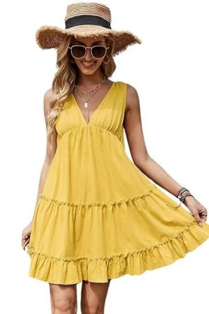 ELACCENT® Women's Cotton One-Piece Midi Dress | V-Neck, Sleeveless, A-Line | Soft & Skin-Friendly Fabric | Slim Fit, Stylish & Comfortable