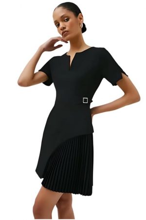 POSE Black Side Pleat Dress for Women | V-Neck Design, Side Pleated Detail, Comfort Fit | Lightweight, Material | Elegant Formal Wear for Women – Ideal for Office & Professional Use