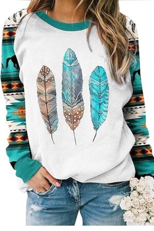 Womens Long Sleeve Shirts Western Aztec Print Fit Tops Fall Casual Fashion Round Neck Blouses