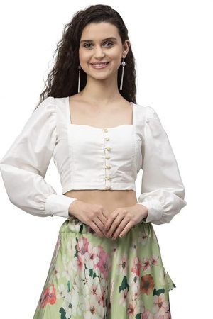 studio rasa Women's Silk Blend Button Down Crop Top for Festive Wedding Party