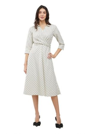 FableStreet Cotton Checkered Wrap Dress - Off White and Black