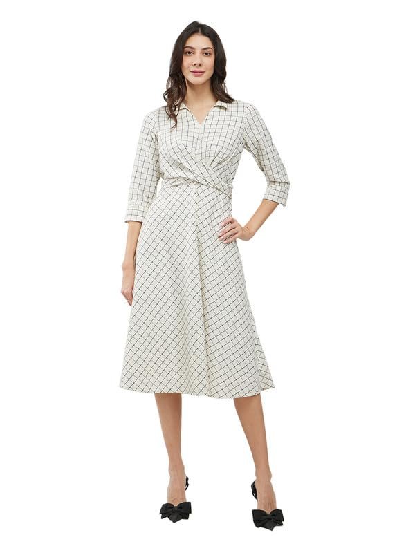 FableStreet Cotton Checkered Wrap Dress - Off White and Black