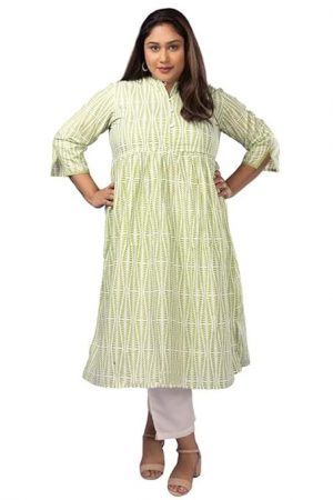 Sizeupp Women's White & Green Cotton Plus Size Printed Kurta |2XL - 8XL | Mandarin Collar | 3/4 Sleeve | Straight Fit | Comfortable & Stylish Kurta, Perfect for Casual and Ethnic Occasions