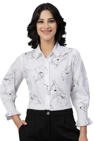 Style Quotient Women White and Black Floral Printed Polycrepe Regular Smart Casual Shirt