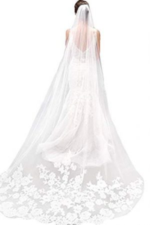 GOWNLINK Ladies Synthetic Christian Bridal Veil Headwrap With Lace Wedding Accessory White Lace Patches With Front Face Layer 4 Meter Comb Attach 1800L