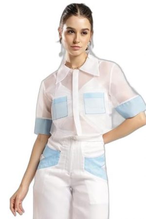 ELEGANTTI Women's Fashion Western Crystal Elegance Sheer Organza Short Shirt || Crop Top || Regular Fit V-Neck Sleeveless Top for Women Stylish Latest | Office Wear Tops for Women