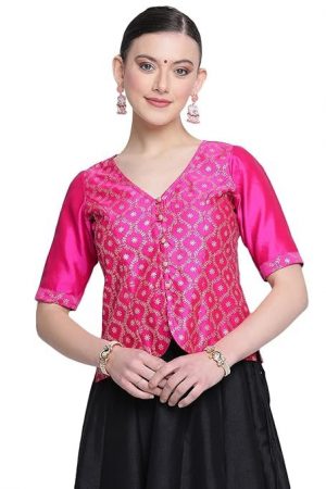 studio rasa Women's Silk Blend Block Printed Button Down Top for Wedding Festive Party