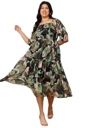 DEEBACO Duck Printed Chiffon Fit & Flare Midi Plus Size Dress for Women's |Square Neck 3/4 Puff Sleeves|Summer Western Party Casual Wear Dress for Ladies (Multicolor)