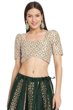 studio rasa Women's Silk Blend Hand Block Printed Square Neck Crop Top for Festive Wedding Party