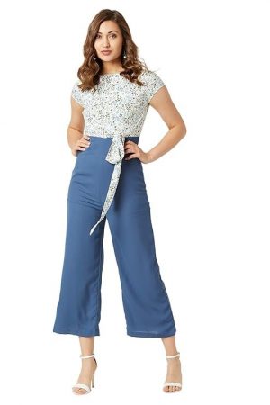 Miss Chase Women's Multicolored Round Neck Short Sleeves Floral Waist Tie-Up Regular Length Jumpsuit
