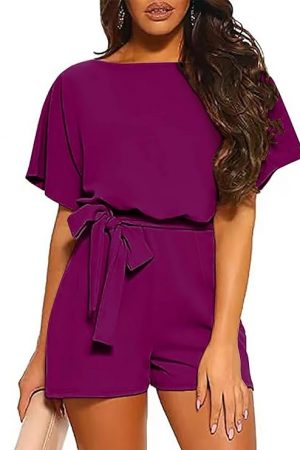 LEMDANNU Womens Summer Casual Short Sleeve Belted Romper Shorts Jumpsuits Playsuit