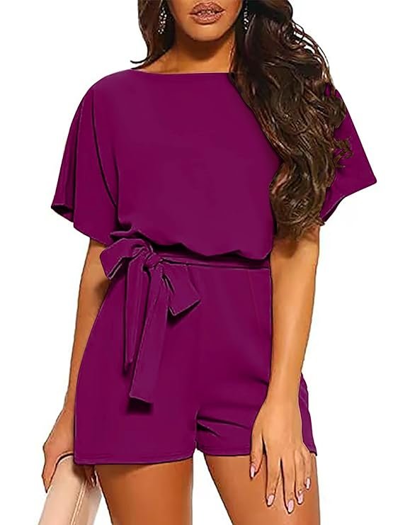 LEMDANNU Womens Summer Casual Short Sleeve Belted Romper Shorts Jumpsuits Playsuit