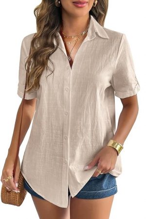 Zeagoo Women Linen Button Down Shirt Rolled Cuffed Short Sleeve Blouse Ladies Summer Casual V Neck Beach Cotton Tops