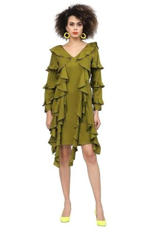 LELA Olive Cotton Dress with Frill Sleeves & tie Belt