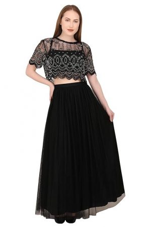 A C C Women Western Party Sequin Beaded Crop Top (XX-Large, Blk/SIL)