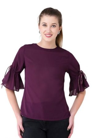 V&M Women’s Purple Solid Casual Top | Designer 3/4 Tie-Up Sleeve Blouse | Regular Fit Polyester Top for Office, Vacation, Party, Daily Use