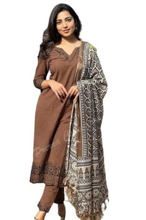 ROYAL ARTSY Women Pure Cotton Brown Kurti Pant Dupatta Set