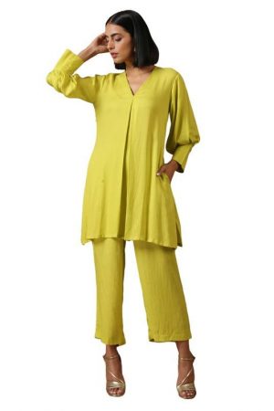 true Browns Women's Textured Cotton Cocktail V Neck Lime Green Solid Textured Co-Ord Set Dress (Lime Green)