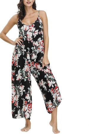 BUENOS NINOS Women's V Neck Floral Maxi Dress Boho Printed Adjustable Spaghetti Strap Ethnic Beach Long Dress with Pockets (XXL, Black Jumpsuit)