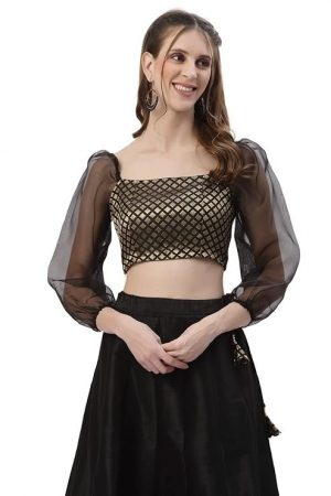 studio rasa Women's Brocade and Organza Puff Sleeves Crop Top for Wedding Party Festives