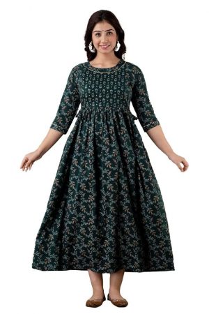 GOPI RAJU Women's Pure Cotton All Over Printed Maternity Gown Feeding Nighty A line Feeding Dress Kurti Gown
