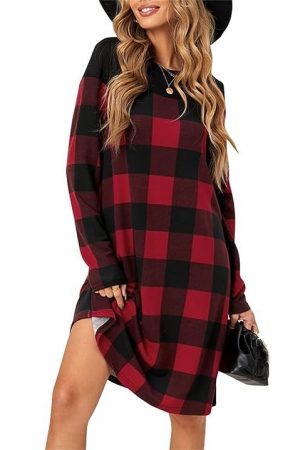 PALINDA Women's Long Sleeve Red Buffalo Plaid Dress Loose Keen Length Christmas Tunic Dress