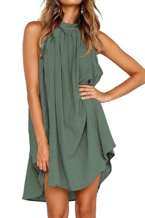 KIRUNDO 2024 Women Summer Mini Dress Halter Neck Sleeveless Loose Pleated Short Beach Sundress