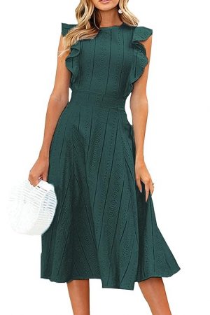 ECOWISH Womens Dresses Elegant Wedding Cocktail Ruffle Cap Sleeves Summer A-Line Midi Dress, Blackish Green, Medium