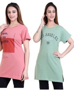 New Crush Women Cotton Printed Regular Fit T-Shirts/Top/Long Night Wear T-Shirt for Women's & Girls (Pack of 2)