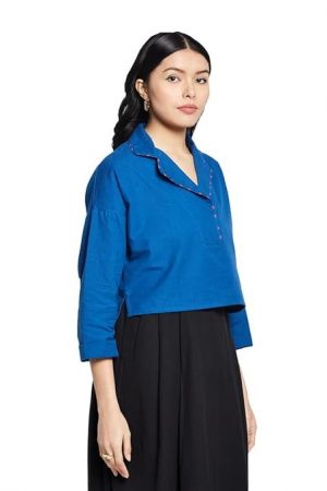 Fabindia Women Cotton Linen Blue Solid Lapel Collar Slim Fit Top